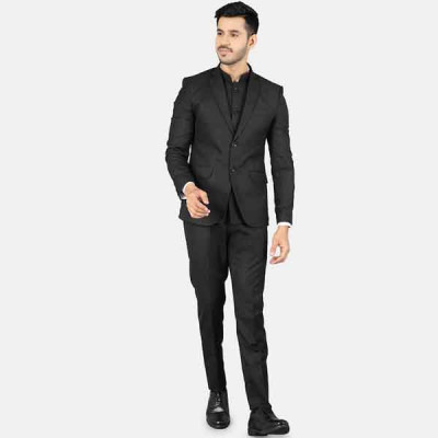 Men Black Solid Single-Breasted Three Piece Suits