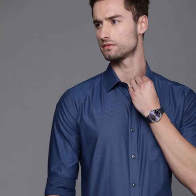 Men Blue Self- designed Slim Fit Pure Cotton Formal Shirt