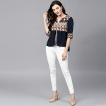 Navy Blue Ethnic Motifs Pleated Keyhole Neck Top