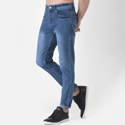 Men Blue Slim Fit Low Distress Heavy Fade Cotton Jeans