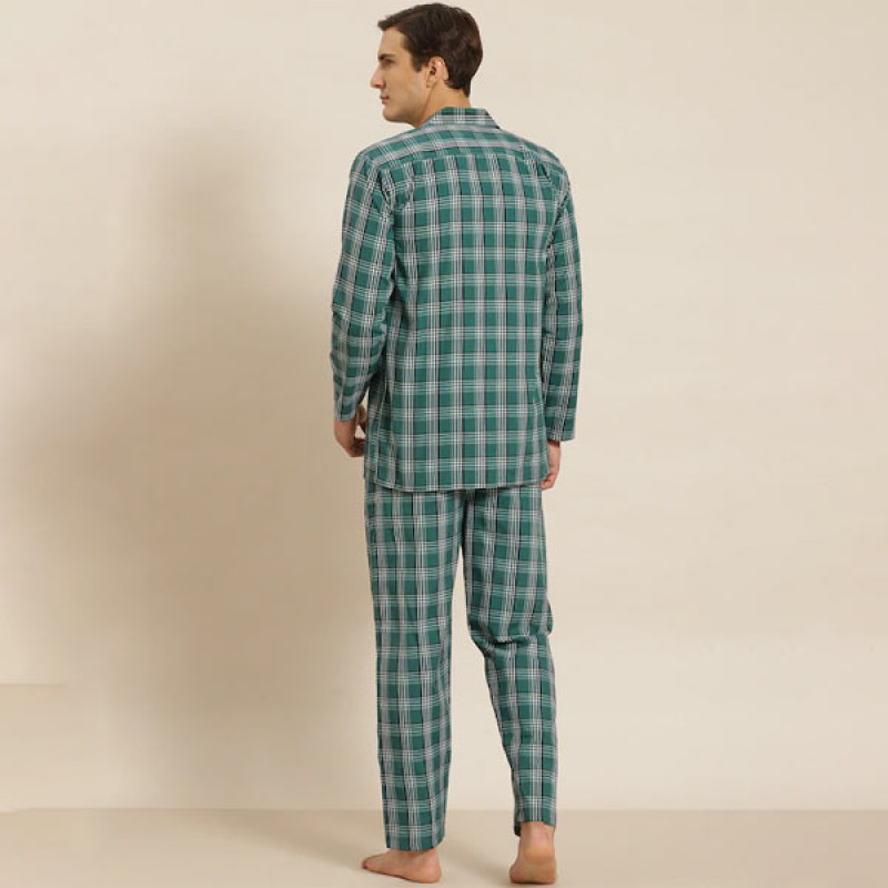 Men Green & White Checked Cotton Night suit